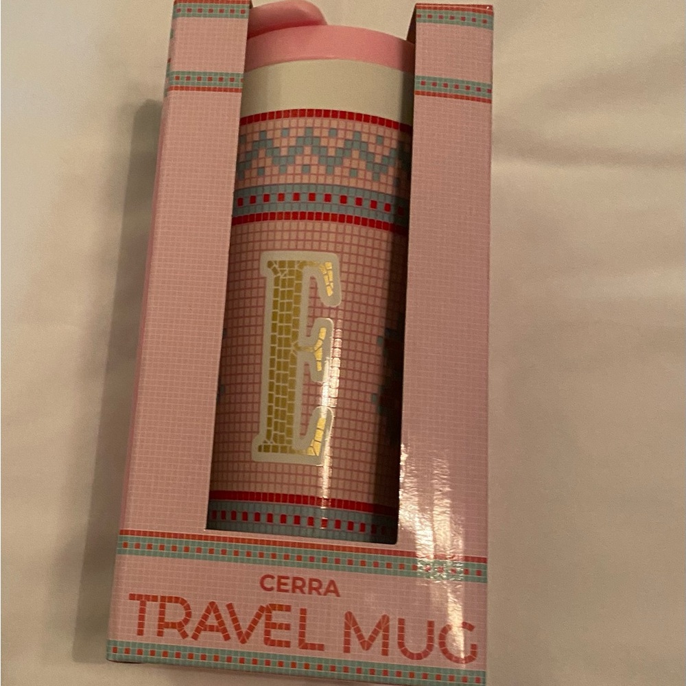 Cerra Pink Travel Mug with Initial E
